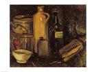 Still life with pots, bottles and flasks