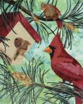 Cardinals And Birdhouse