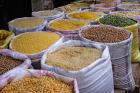 Fez, Morocco. Peas, Corn, Rice, Pasta, Lentils in Bags at Market.