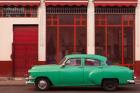 Cuba, Havana Green Car, Red Building On The Streets