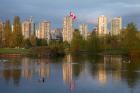 Apartments reflected in Vanier Park Pond, Vancouver, British Columbia, Canada