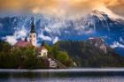 Europe, Slovenia, Lake Bled Church Castle On Lake Island And Mountain Landscape