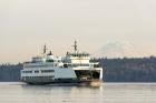 Seattle-Bremerton Ferry Passes In Front Of Mt Rainier