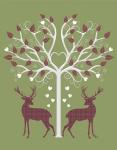 Christmas Des - Deer and Heart Tree, Pink On Green