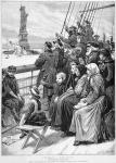 Group Of Arriving Immigrants Huddled On Ship Deck Waving At Statue Of Liberty