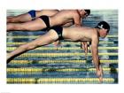 Side profile of three swimmers jumping into a swimming pool