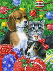 Puppies and Kitten Under the Tree | Obraz na stenu