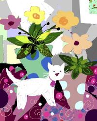 White Kitty And Flowers | Obraz na stenu