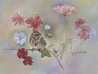 Sparrow In Cosmos Flowers | Obraz na stenu