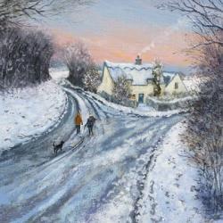 Cottage Snow and Pink Sky | Obraz na stenu