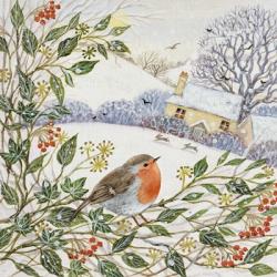 Winter Cottage and Robin | Obraz na stenu