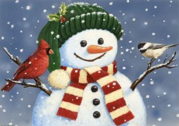 Snowman With Cardinal And Chickadee | Obraz na stenu