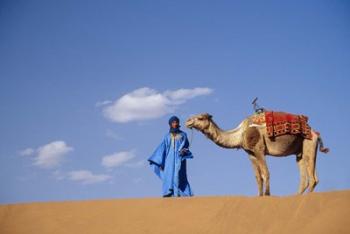 Man leading camel on sand dunes, Tinfou (near Zagora), Morocco, Africa | Obraz na stenu