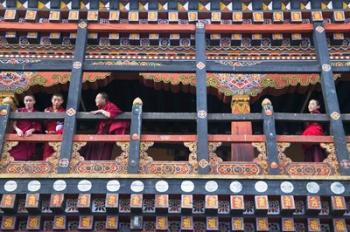 Monks in the Kichu Lhakhang Dzong, Paro, Bhutan | Obraz na stenu