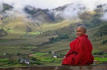 Monk and Farmlands in the Phobjikha Valley, Gangtey Village, Bhutan | Obraz na stenu