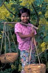 Girl with Painted Face Carrying Basket on Shoulder Pole, Myanmar | Obraz na stenu