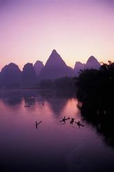 Fishing rafts on Li River, dawn, Guangxi Province, China | Obraz na stenu