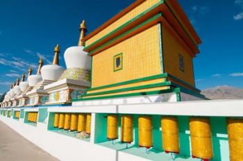 Chortens and prayer flags at Dali Lama's Ladakh home, Ladakh, India | Obraz na stenu