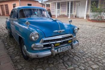 Cuba, Trinidad Blue Taxi Parked On Cobblestones | Obraz na stenu