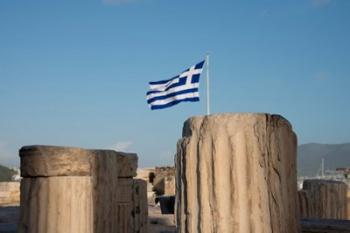 Greece, Athens, Acropolis Column ruins and Greek Flag | Obraz na stenu