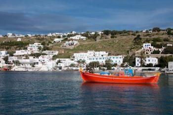 Greece, Cyclades, Mykonos, Hora Harbor view with Greek fishing boat | Obraz na stenu