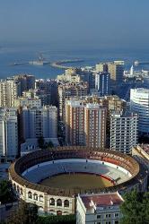 View of Plaza de Toros and Cruise Ship in Harbor, Malaga, Spain | Obraz na stenu