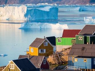 View Of Fjord Full Of Icebergs Towards Nuussuaq Peninsula During Midnight Sun | Obraz na stenu