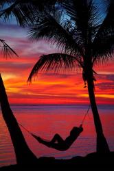 Woman in hammock, and palm trees at sunset, Fiji | Obraz na stenu