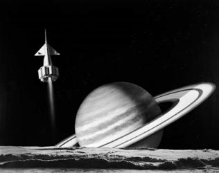 1960s Space Rocket Flying Past Saturn | Obraz na stenu