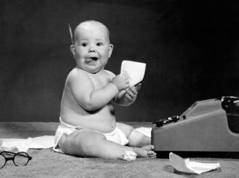 1960s Eager Baby Accountant Working At Adding Machine | Obraz na stenu