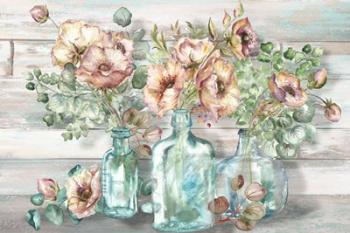 Blush Poppies and Eucalyptus in bottles landscape | Obraz na stenu