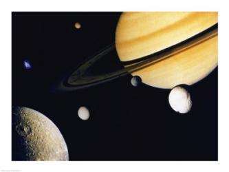 Saturn and its Satellites.  Clockwise from right: Tethys, Mimas, Encleladus, Dione, Rhea & Titan | Obraz na stenu